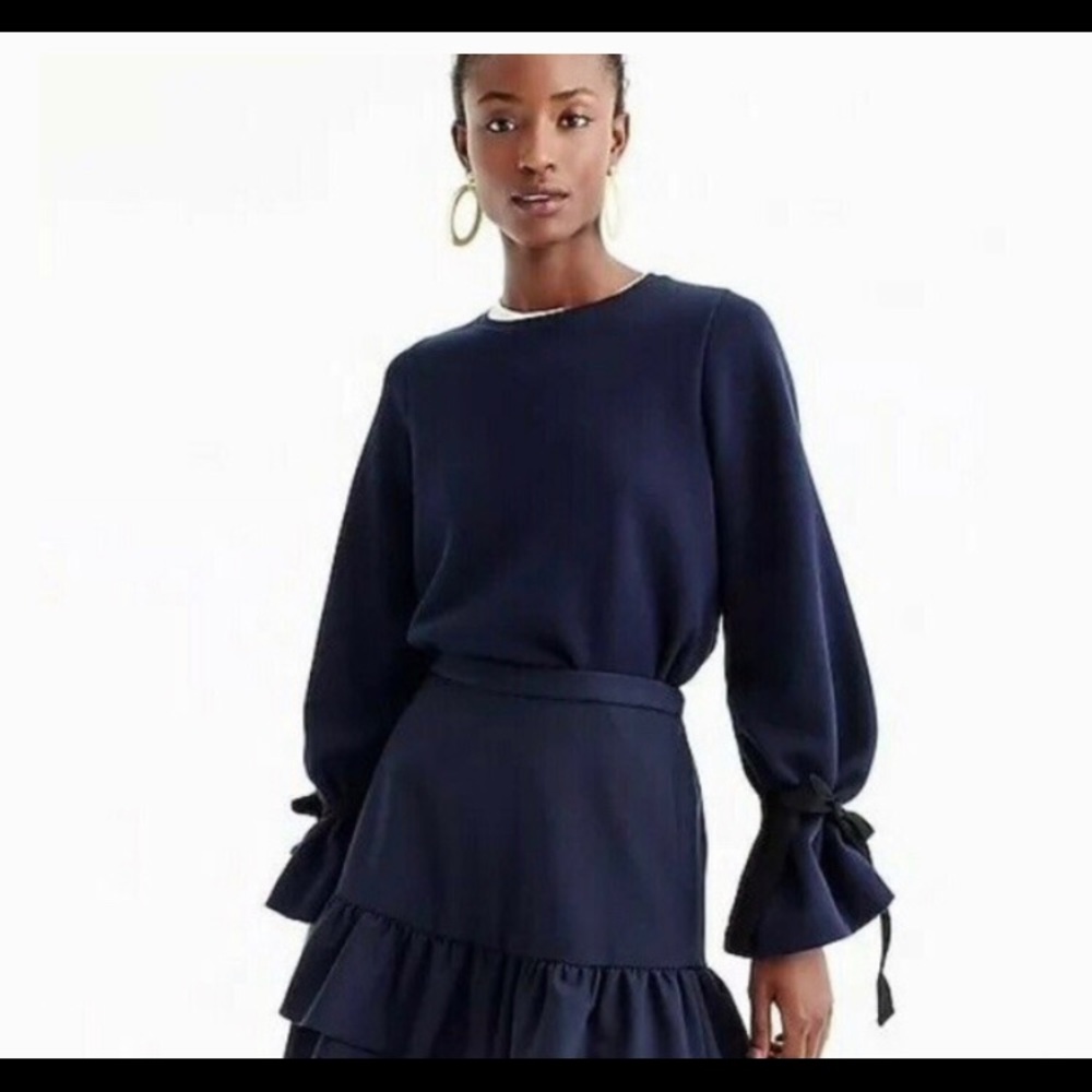 J.Crew Ribbon Tie Puffer Sleeve Bow Tie Sweatshirt Top Navy Blue & Black Size XS